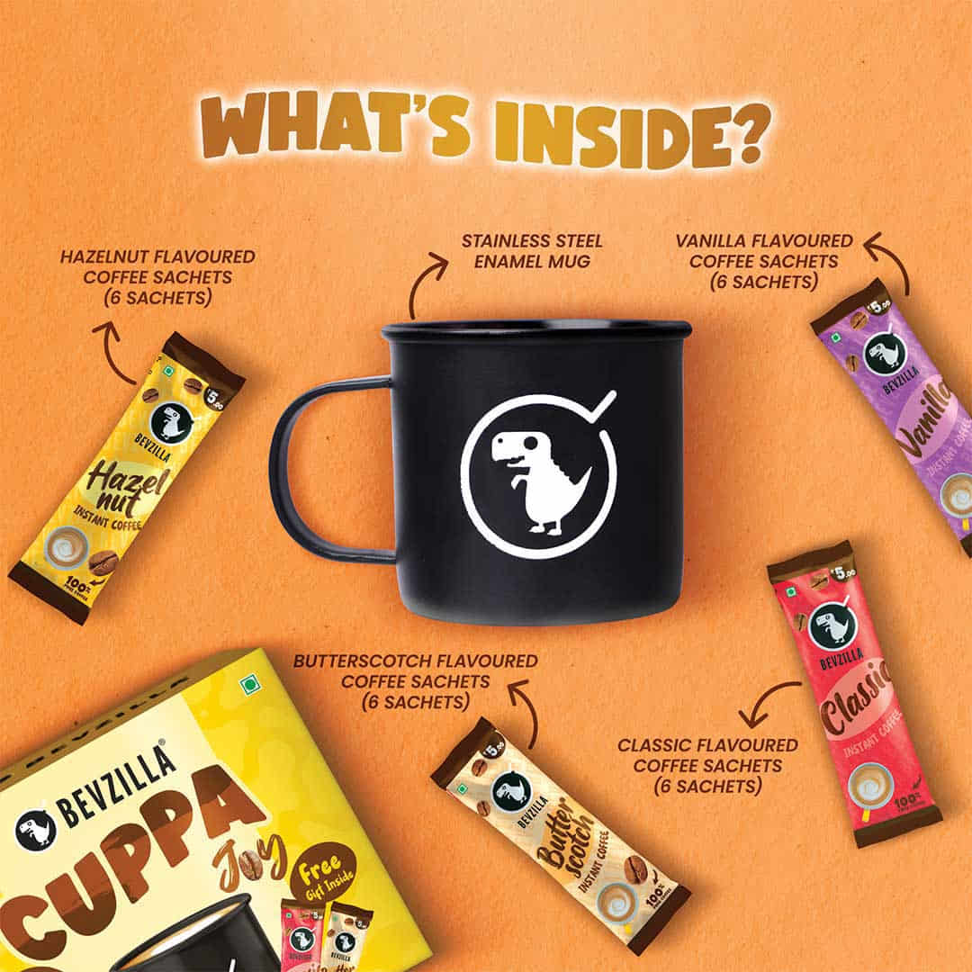 24 Flavoured Coffee Sachets + Stainless Steel Mug Combo Bevzilla